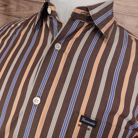 FACONNABLE CLUB STRIPED 100% COTTON BUTTON DOWN SHIRT MENS SIZE L LARGE BROWN - Picture 2 of 6